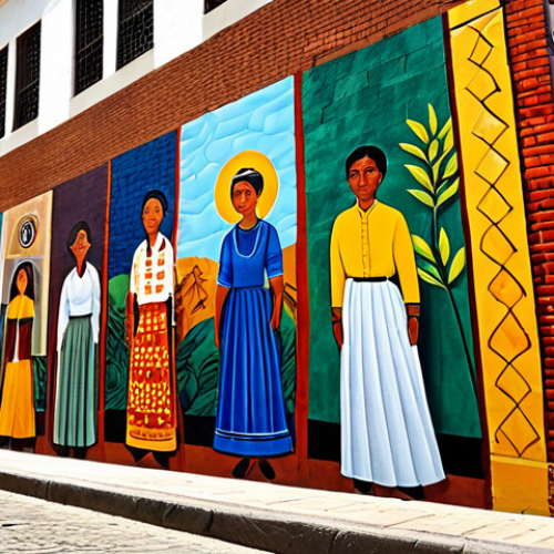 A stunning, vibrant urban mural dominating a large brick wall in a historic Latin American city alley. The mural depicts a rich narrative of local culture, blending ancestral symbols with contemporary life, showcasing fully clothed figures in traditional attire, engaged in daily activities. The art style is monumental and expressive, with deep, earthy tones contrasted by bright, celebratory colors. Sunlight illuminates the artwork, highlighting intricate details and textures. The alley itself is clean, with hints of local architecture and green plants, suggesting a lived-in, culturally rich environment. This image should be safe for work, appropriate content, and family-friendly. Perfect anatomy, correct proportions, natural pose, well-formed hands, proper finger count, natural body proportions (referring to figures within the mural). Professional photography, high quality, fully clothed, modest clothing, appropriate attire, professional dress.