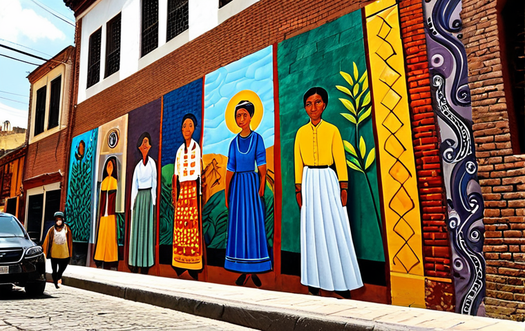 A stunning, vibrant urban mural dominating a large brick wall in a historic Latin American city alley. The mural depicts a rich narrative of local culture, blending ancestral symbols with contemporary life, showcasing fully clothed figures in traditional attire, engaged in daily activities. The art style is monumental and expressive, with deep, earthy tones contrasted by bright, celebratory colors. Sunlight illuminates the artwork, highlighting intricate details and textures. The alley itself is clean, with hints of local architecture and green plants, suggesting a lived-in, culturally rich environment. This image should be safe for work, appropriate content, and family-friendly. Perfect anatomy, correct proportions, natural pose, well-formed hands, proper finger count, natural body proportions (referring to figures within the mural). Professional photography, high quality, fully clothed, modest clothing, appropriate attire, professional dress.