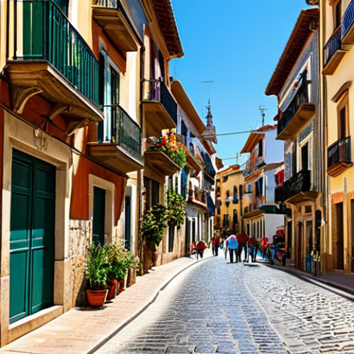 **

"A charming, colorful village street in Spain, filled with vibrant murals depicting scenes of daily life and local history. Quaint houses with flower-filled balconies line the cobblestone street. The scene is bathed in warm sunlight.  Fully clothed tourists admire the artwork. Safe for work, appropriate content, family-friendly, professional photography, perfect anatomy, natural proportions, modest clothing, well-formed hands, proper finger count."

**