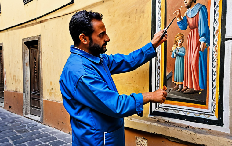 벽화의 재료와 기법 - The Fresco Master**
"A skilled muralist, fully clothed in appropriate work attire, carefully applie...