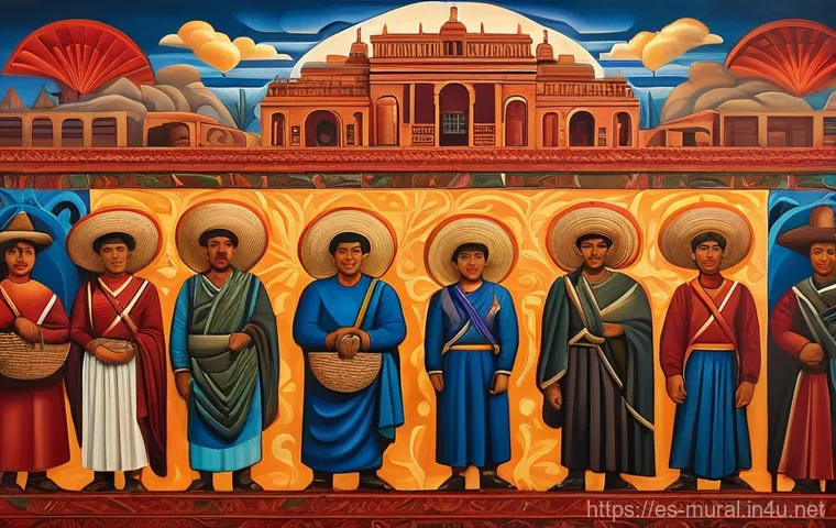 벽화의 미술사적 가치 - **A monumental mural in the style of early 20th-century Mexican muralism.** The scene depicts a swee...