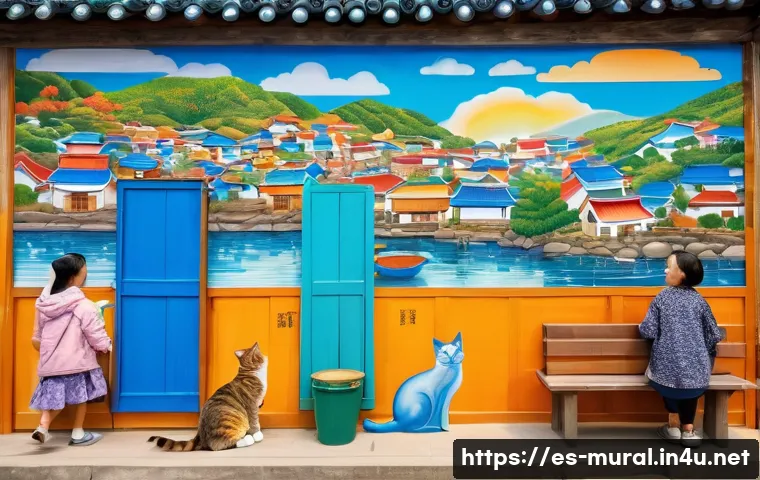 벽화여행 충청도 벽화마을 - A vibrant, bustling street scene in a picturesque mural village located in the Chungcheong-do region...