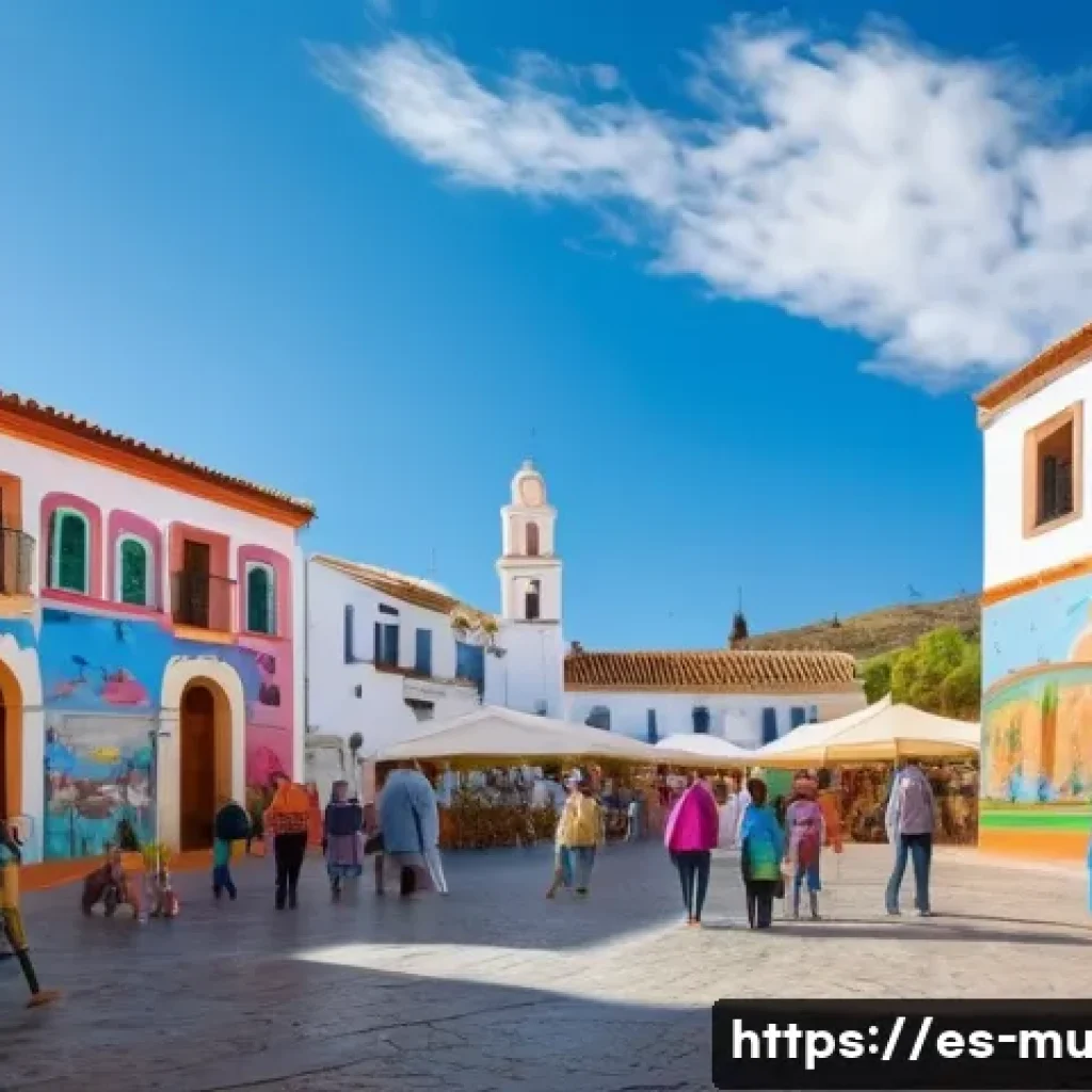 벽화마을 아트 투어 - **A Vibrant Community Canvas:** A wide shot of a charming, sun-drenched town square in a Spanish vil...