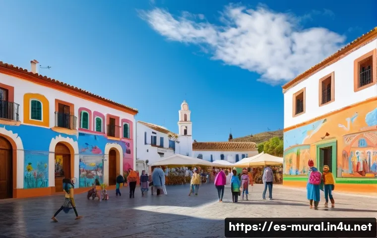 벽화마을 아트 투어 - **A Vibrant Community Canvas:** A wide shot of a charming, sun-drenched town square in a Spanish vil...
