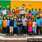 벽화여행 DIY 벽화 프로그램 - A vibrant community mural painting scene in a lively Latin American neighborhood, featuring diverse ...
