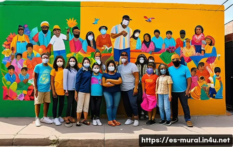 벽화여행 DIY 벽화 프로그램 - A vibrant community mural painting scene in a lively Latin American neighborhood, featuring diverse ...
