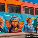 벽화여행 전통과 현대의 만남 - A vibrant urban mural in a Latin American city street, depicting a powerful social justice scene wit...