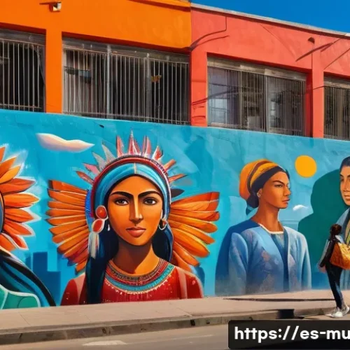벽화여행 전통과 현대의 만남 - A vibrant urban mural in a Latin American city street, depicting a powerful social justice scene wit...