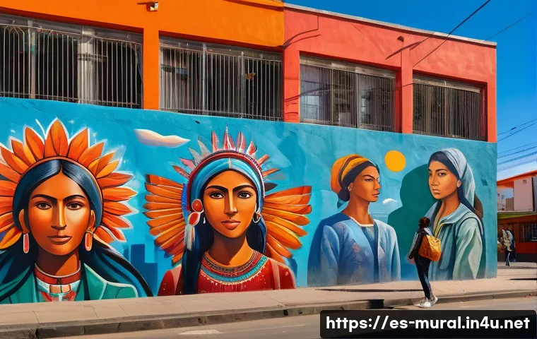 벽화여행 전통과 현대의 만남 - A vibrant urban mural in a Latin American city street, depicting a powerful social justice scene wit...