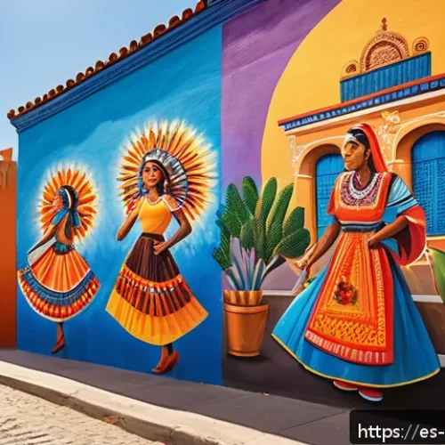 벽화여행과 지역 문화 - A vibrant urban street scene in a lively Spanish-speaking neighborhood, featuring a large, colorful ...