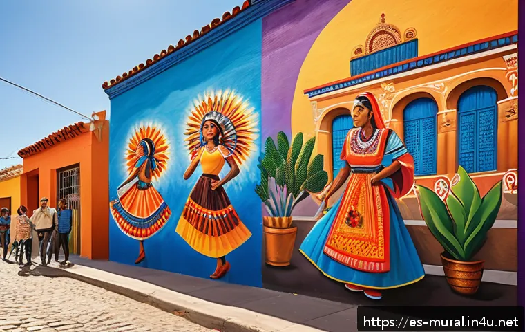 벽화여행과 지역 문화 - A vibrant urban street scene in a lively Spanish-speaking neighborhood, featuring a large, colorful ...