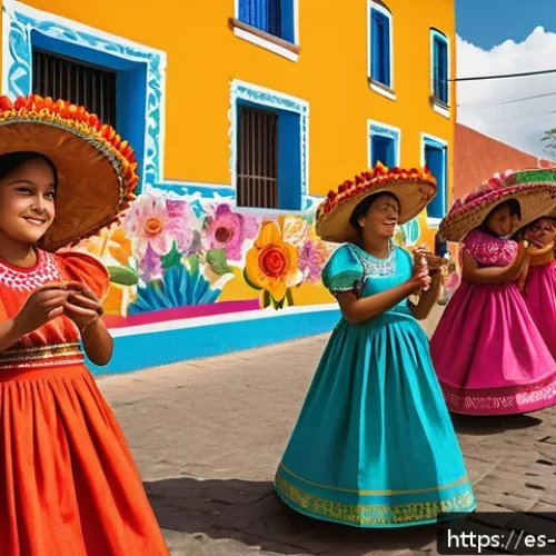 벽화와 지역 축제 연결하기 - A vibrant street festival scene in a Latin American town square during a local celebration, featurin...