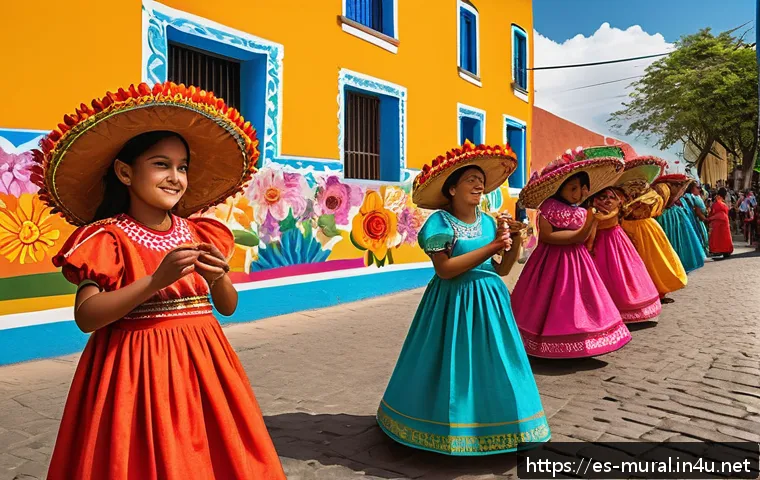벽화와 지역 축제 연결하기 - A vibrant street festival scene in a Latin American town square during a local celebration, featurin...