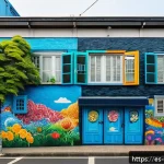 벽화여행 제주 벽화마을 - A vibrant urban street scene in Seogwipo, Jeju, showcasing a diverse collection of colorful murals b...