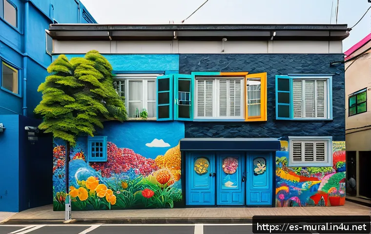 벽화여행 제주 벽화마을 - A vibrant urban street scene in Seogwipo, Jeju, showcasing a diverse collection of colorful murals b...