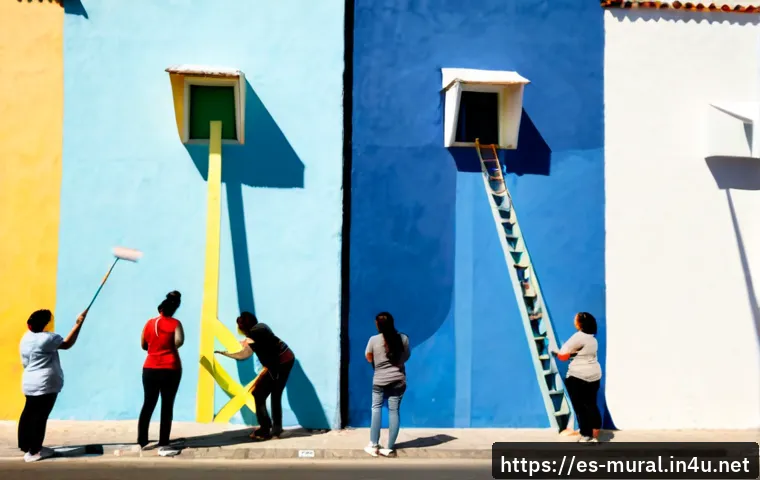 벽화와 젠더 이슈 - Photorealistic wide street scene in a vibrant Spanish-speaking Latin American neighborhood, a divers...