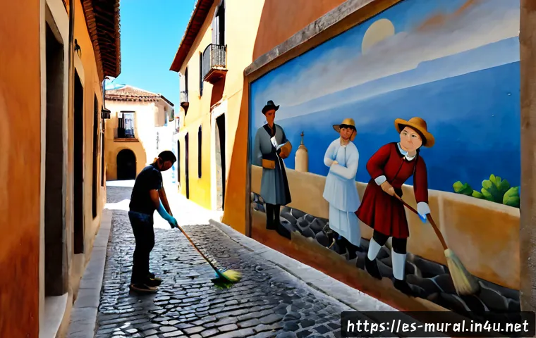 벽화여행의 문화유산 보호 - Photorealistic cultural heritage conservation scene in a historic Spanish colonial town, expert cons...