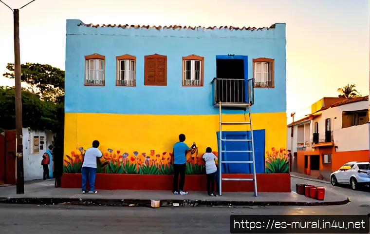 Home 17 벽화 예술과 그라피티의 차이점 - Photorealistic wide street scene in a colorful Spanish-speaking Latin American neighborhood, a large...