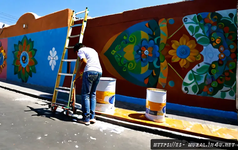 벽화와 청년 예술가들 - Photorealistic wide-angle street scene in a vibrant Mexico City neighborhood, three young adult Lati...