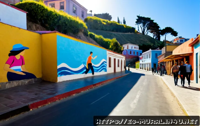 벽화여행 도시 재생과 벽화 - Photorealistic urban renewal scene in a colorful historic neighborhood of Valparaíso, Chile, a large...