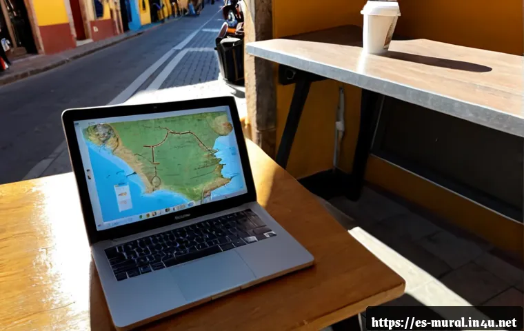 벽화여행 블로그 운영 전략 - Photorealistic travel blogger planning a mural-focused city guide at a bright café table in a Spanis...
